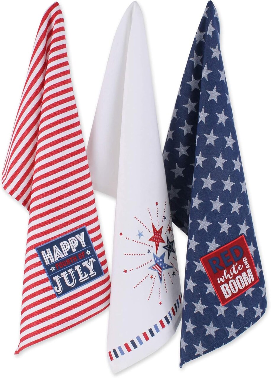 Patriotic Dish Towel Set – 3 Decorative Kitchen Towels, 18x28, Red, White & Blue “Boom” Design